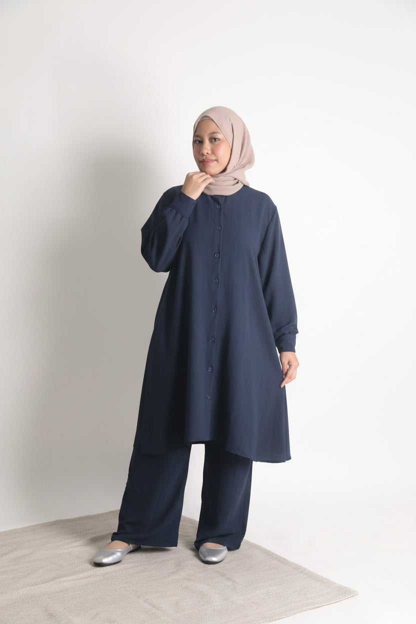 Women's Ironless 2 Pieces Outfit Long Set (Navy Blue)