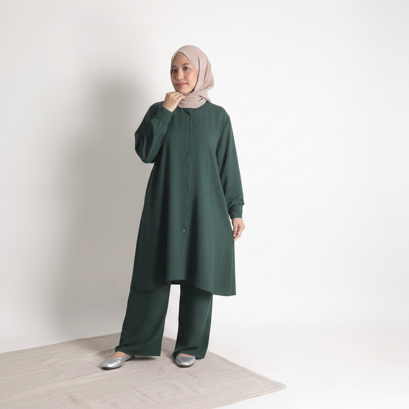Women's Ironless 2 Pieces Outfit Long Set (Dark Green)