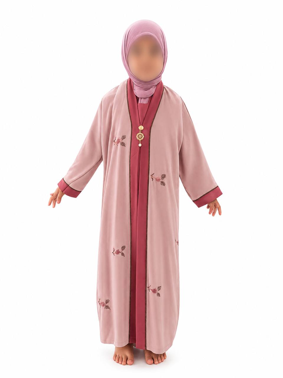 Islamic Two layer Floral Embroidered Zip Front Abaya for Kids with beadworks