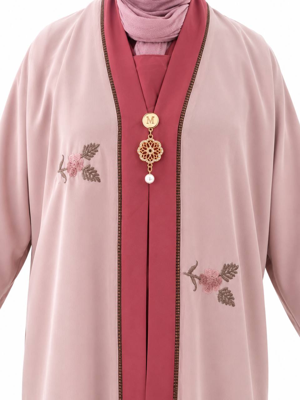 Islamic Two layer Floral Embroidered Zip Front Abaya for Kids with beadworks