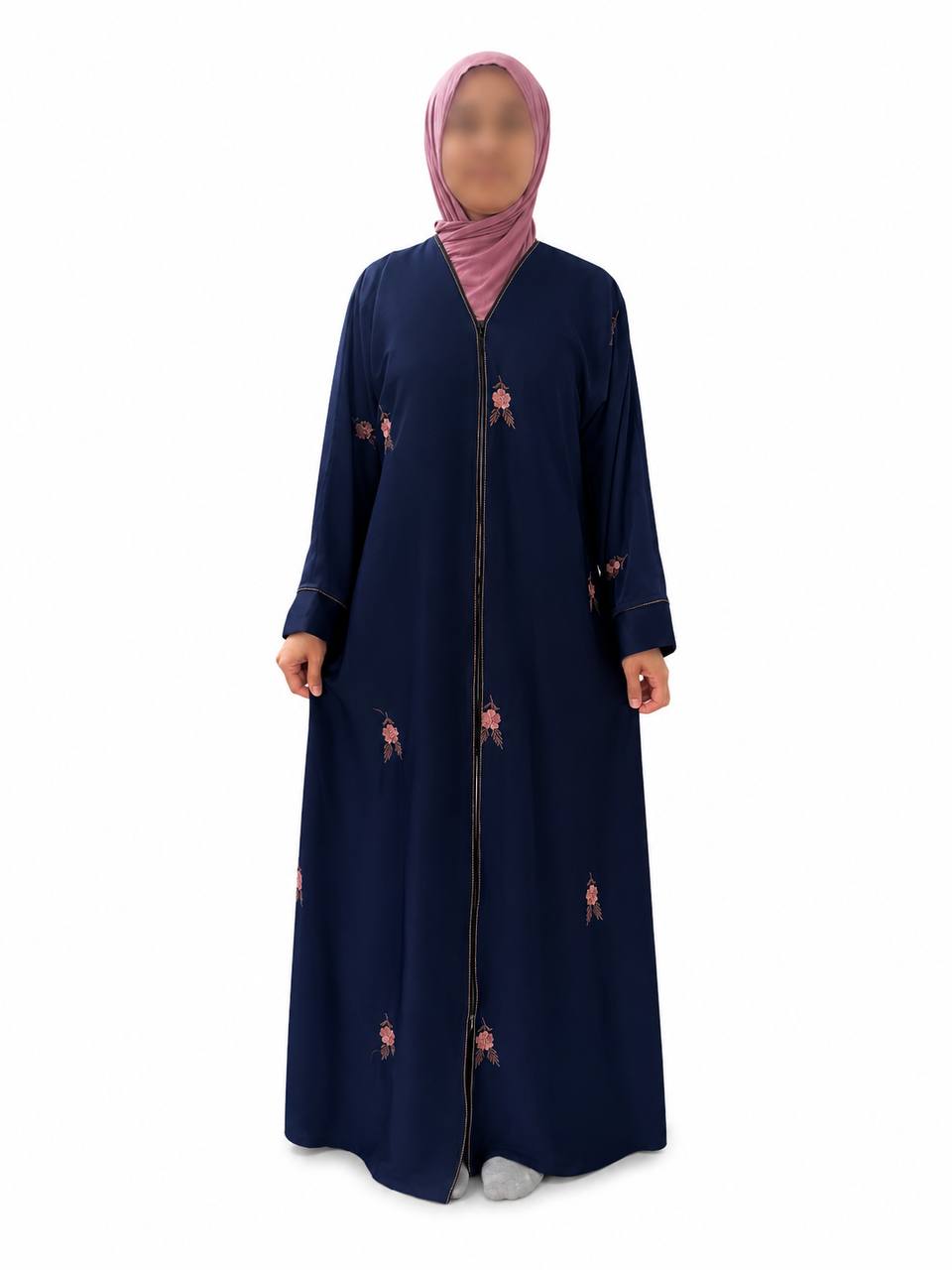 Islamic Modest Floral Embroidered Zip Front open Abaya for Women with beadworks - Navy Blue