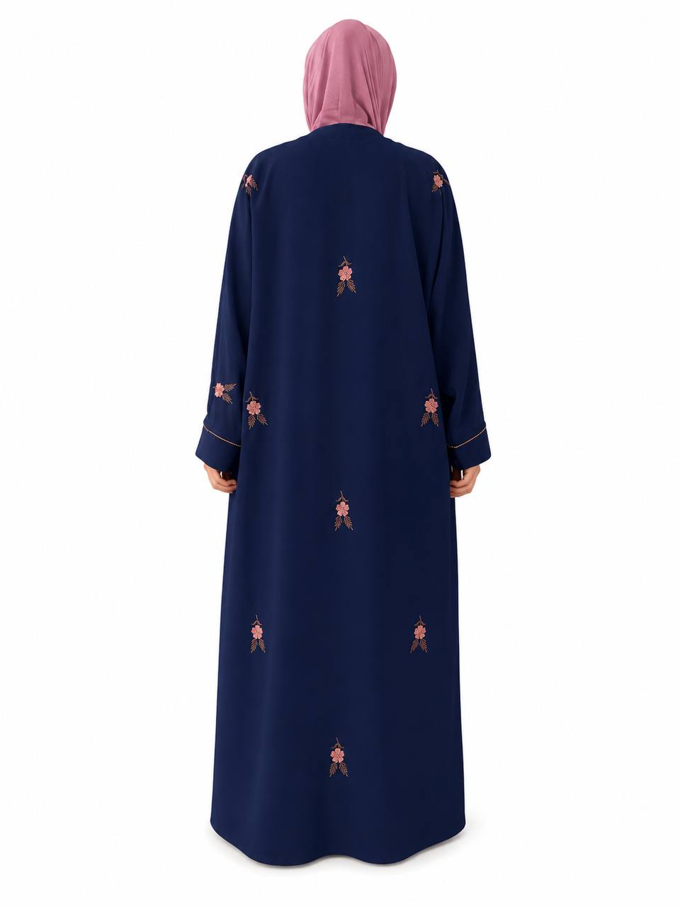 Islamic Modest Floral Embroidered Zip Front open Abaya for Women with beadworks - Navy Blue