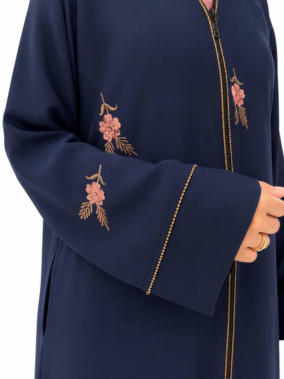 Islamic Modest Floral Embroidered Zip Front open Abaya for Women with beadworks - Navy Blue