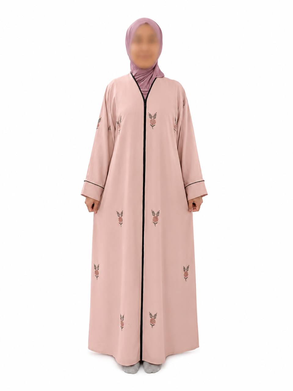 Islamic Modest Floral Embroidered Zip Front open Abaya for Women with beadworks - Peach