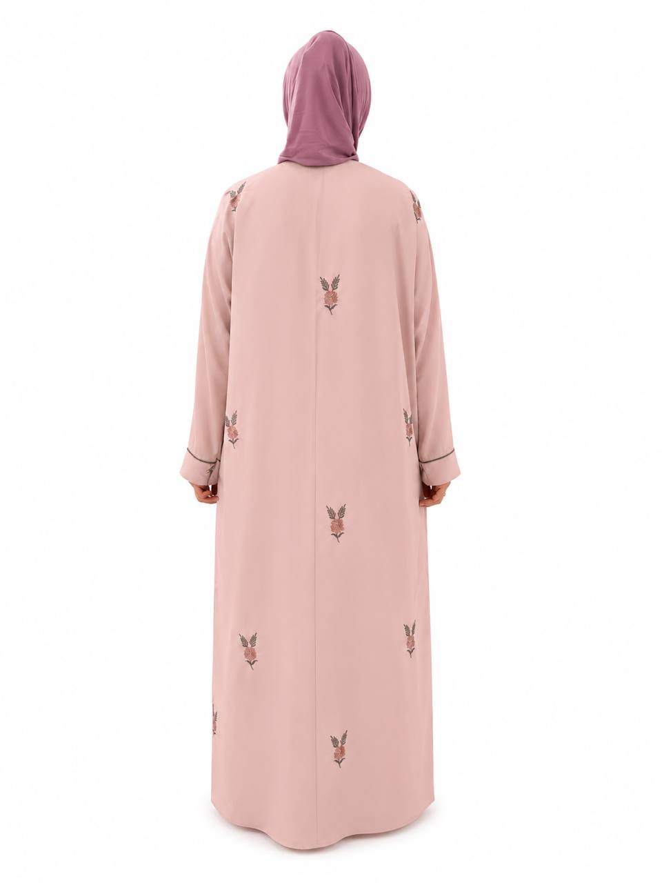 Islamic Modest Floral Embroidered Zip Front open Abaya for Women with beadworks - Peach