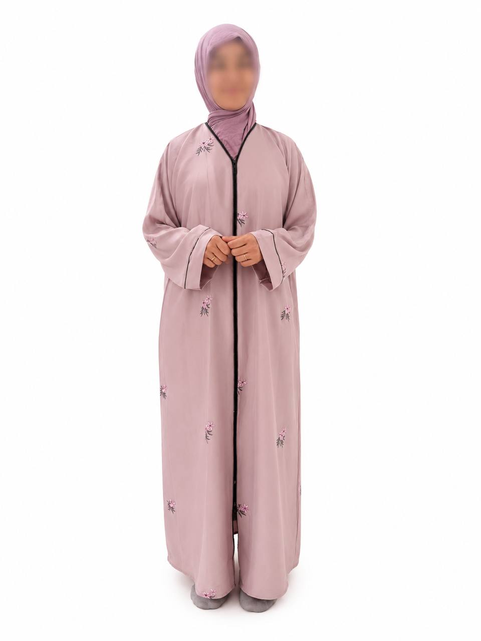 Islamic Modest Floral Embroidered Zip Front open Abaya for Women with beadworks - Light Pink