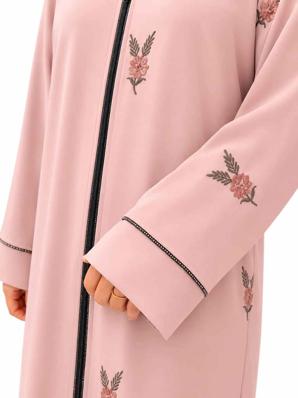 Islamic Modest Floral Embroidered Zip Front open Abaya for Women with beadworks - Peach