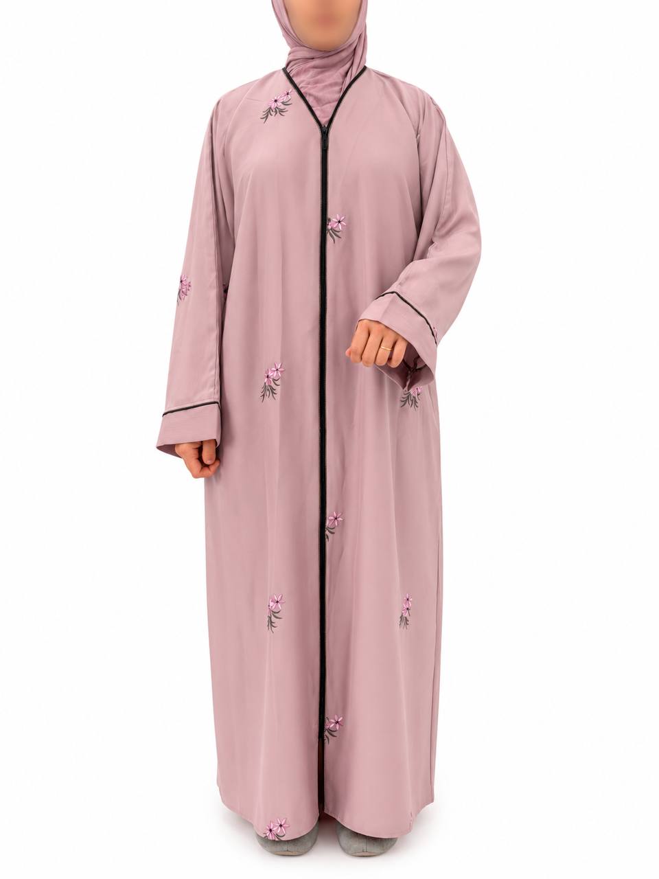 Islamic Modest Floral Embroidered Zip Front open Abaya for Women with beadworks - Light Pink