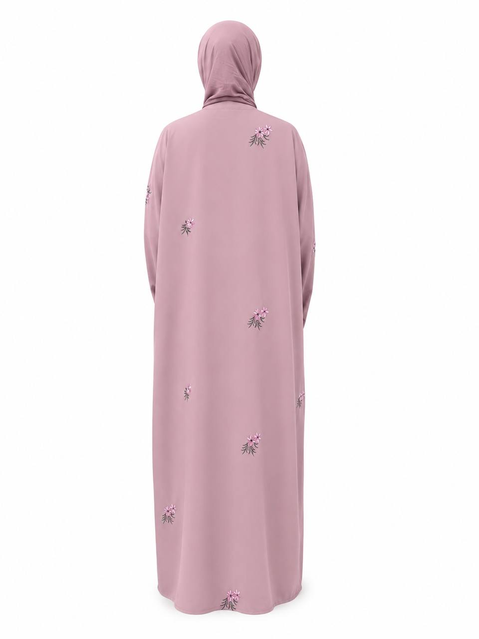 Islamic Modest Floral Embroidered Zip Front open Abaya for Women with beadworks - Light Pink