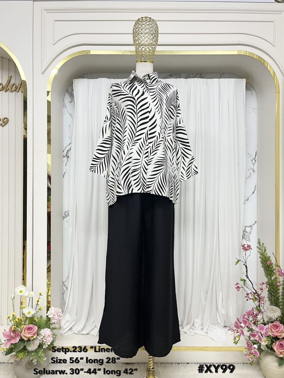 Rafah Women's Modest Cotton Linen 2 Piece Suit | Long Leaf Artwork Malaysian Batik Print Co-Ord Set for Work & Casual Wear (White Black)