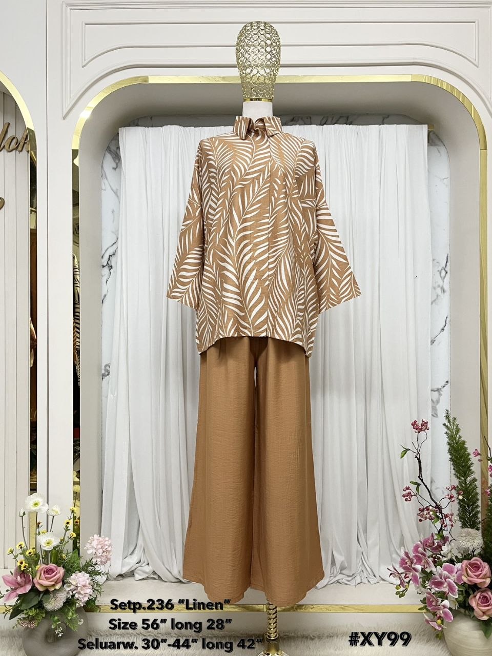 Rafah Women's Modest Cotton Linen 2 Piece Suit | Long Leaf Artwork Malaysian Batik Print Co-Ord Set for Work & Casual Wear (Light brown)