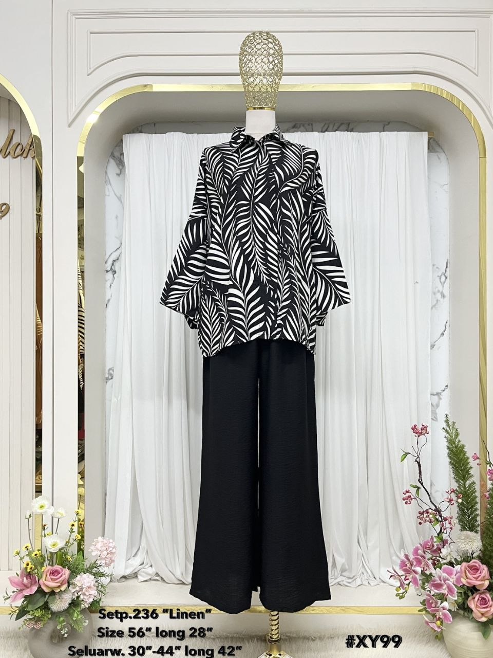 Rafah Women's Modest Cotton Linen 2 Piece Suit | Long Leaf Artwork Malaysian Batik Print Co-Ord Set for Work & Casual Wear (Black)