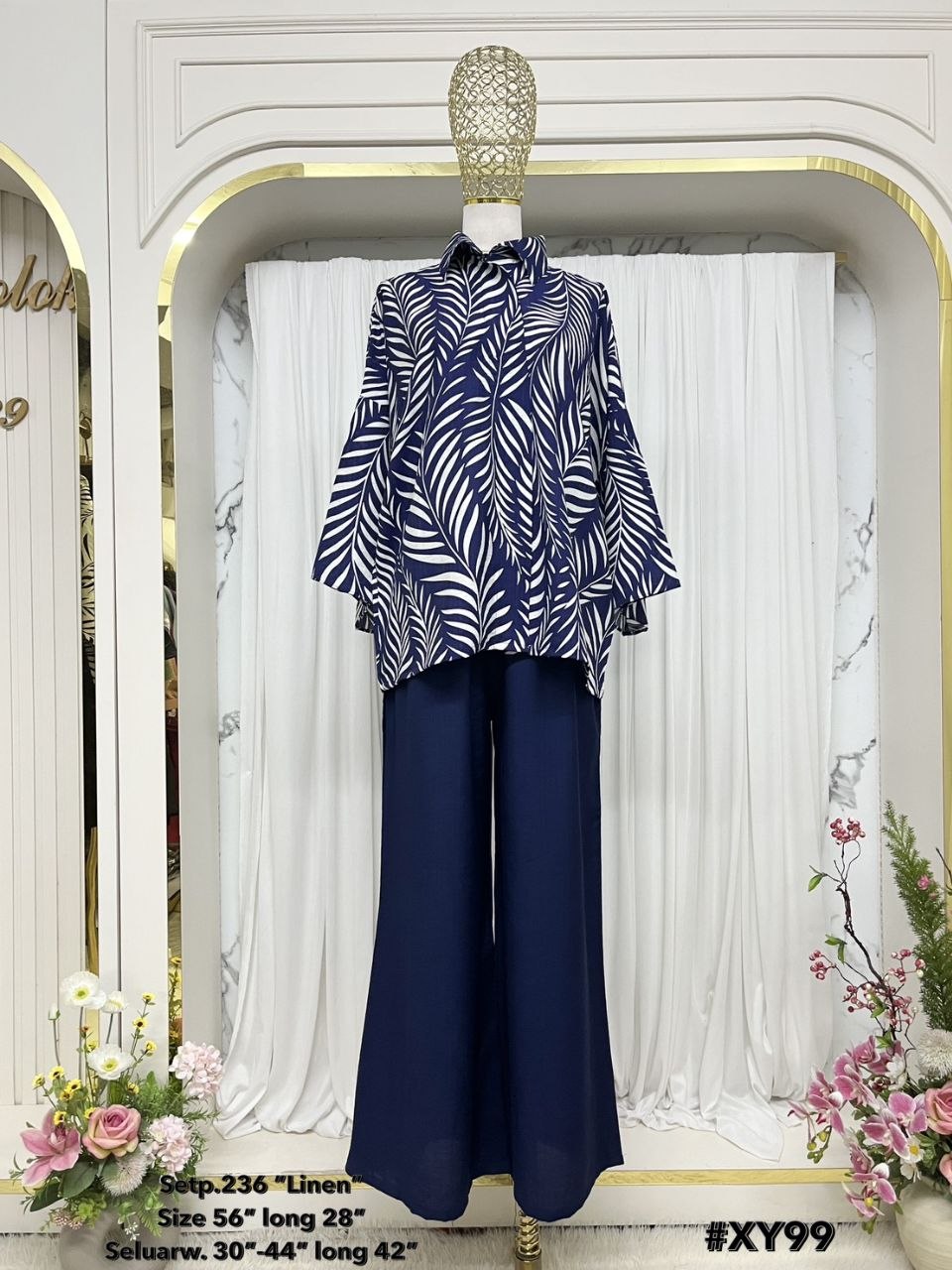 Rafah Women's Modest Cotton Linen 2 Piece Suit | Long Leaf Artwork Malaysian Batik Print Co-Ord Set for Work & Casual Wear (Navy Blue)