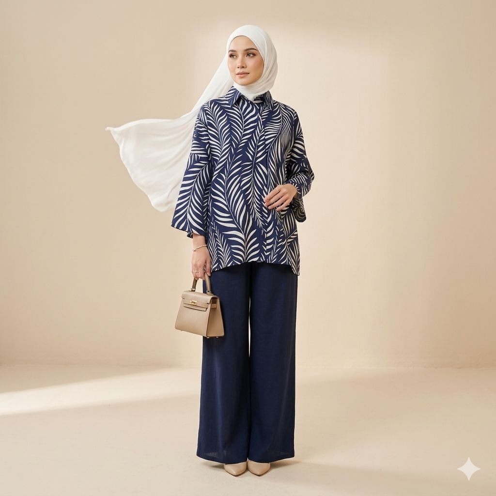 Rafah Women's Modest Cotton Linen 2 Piece Suit | Long Leaf Artwork Malaysian Batik Print Co-Ord Set for Work & Casual Wear (Navy Blue)