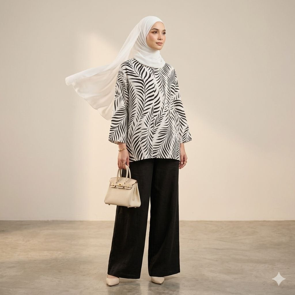 Rafah Women's Modest Cotton Linen 2 Piece Suit | Long Leaf Artwork Malaysian Batik Print Co-Ord Set for Work & Casual Wear (White Black)