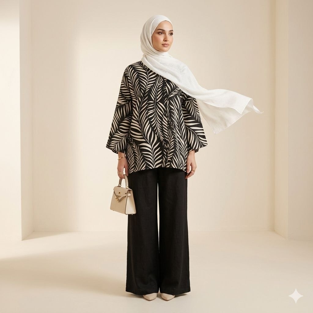 Rafah Women's Modest Cotton Linen 2 Piece Suit | Long Leaf Artwork Malaysian Batik Print Co-Ord Set for Work & Casual Wear (Black)