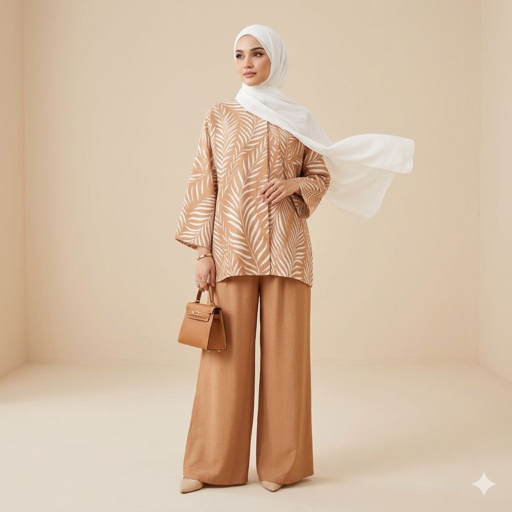 Rafah Women's Modest Cotton Linen 2 Piece Suit | Long Leaf Artwork Malaysian Batik Print Co-Ord Set for Work & Casual Wear (Light brown)
