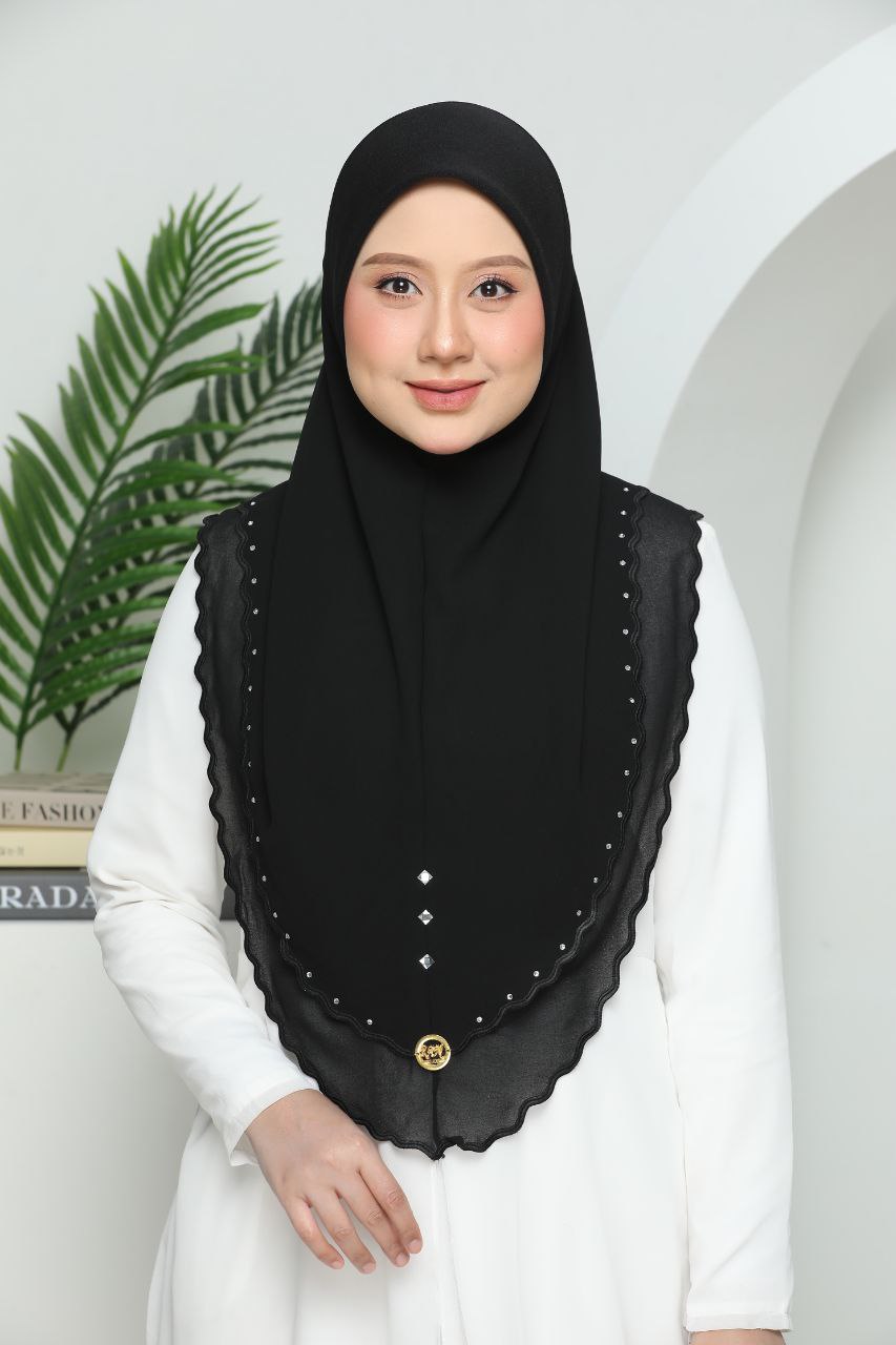 Instant Two-Layer Lace Chiffon Hijab with Stones (one size for adult) Black