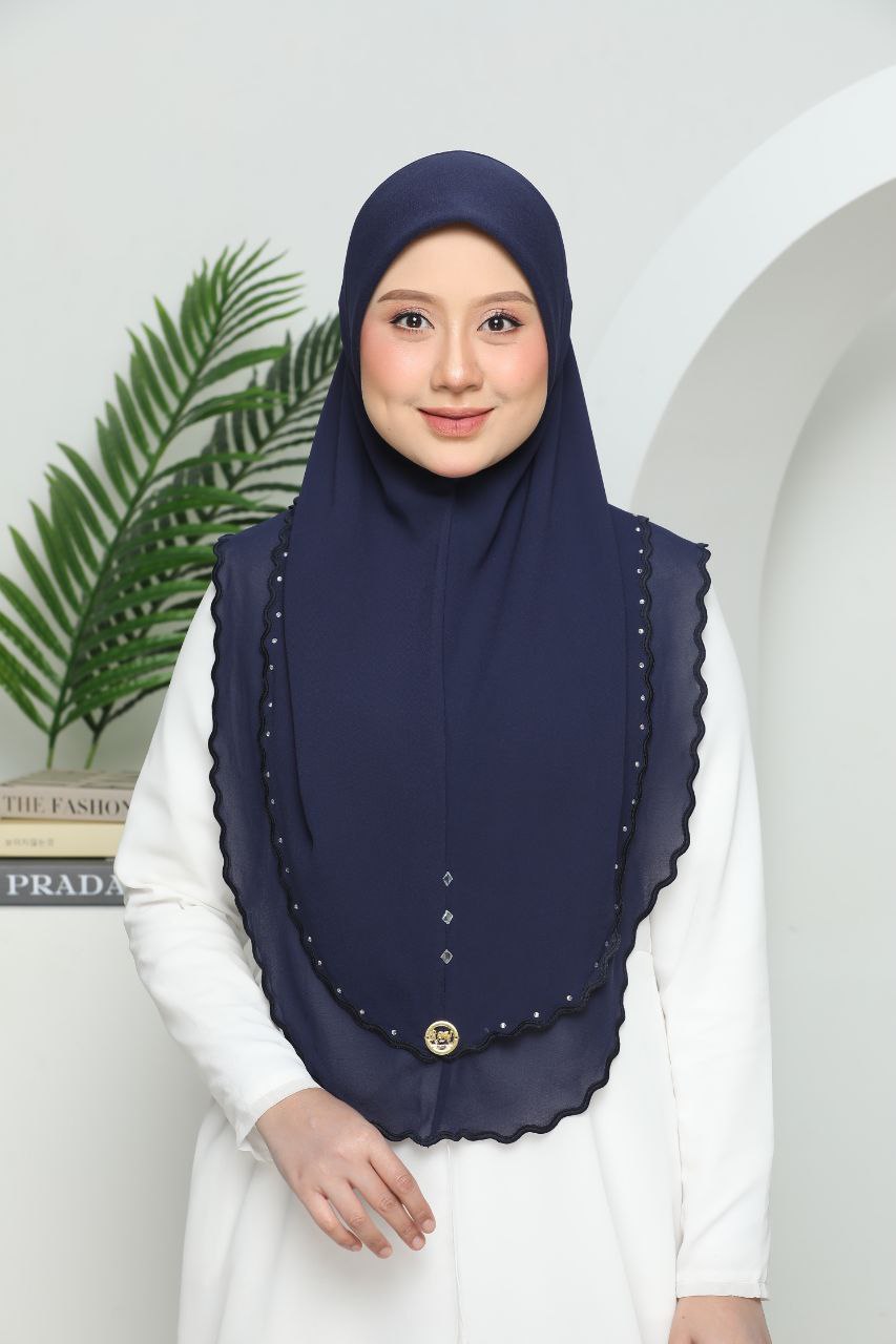 Instant Two-Layer Lace Chiffon Hijab with Stones (one size for adult) Navy