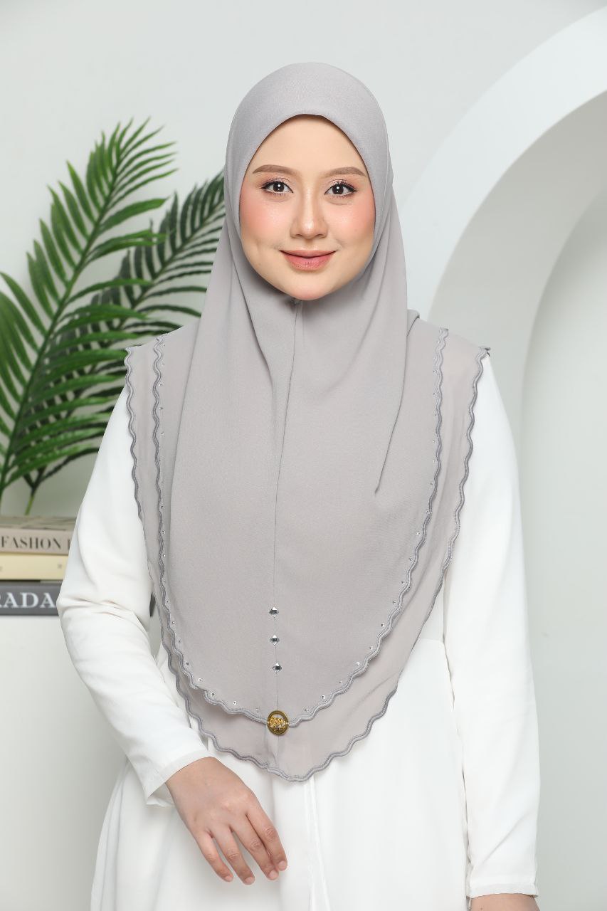 Instant Two-Layer Lace Chiffon Hijab with Stones (one size for adult) Light Grey