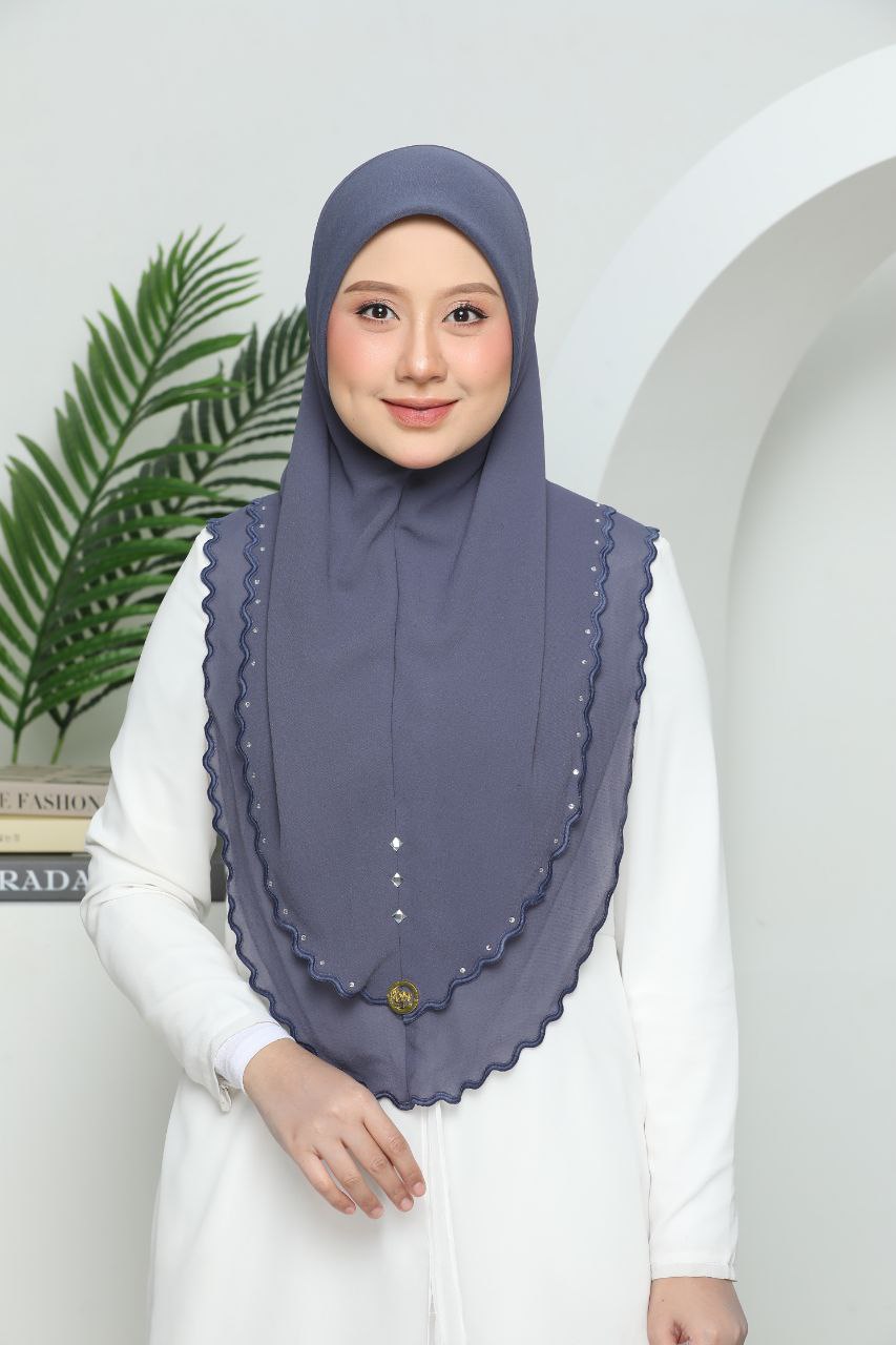 Instant Two-Layer Lace Chiffon Hijab with Stones (one size for adult) Light Blue