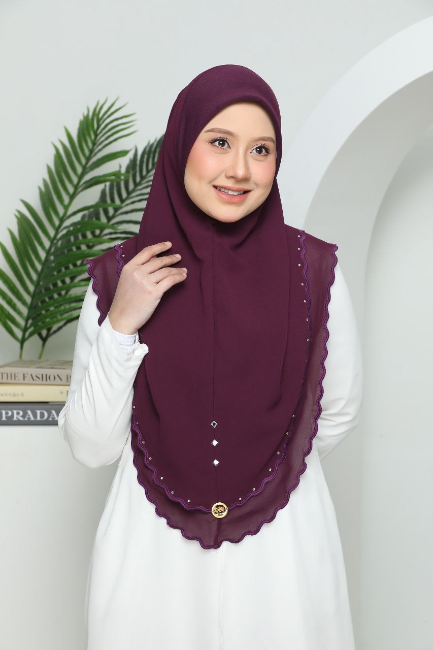 Instant Two-Layer Lace Chiffon Hijab with Stones (one size for adult) Dark purple