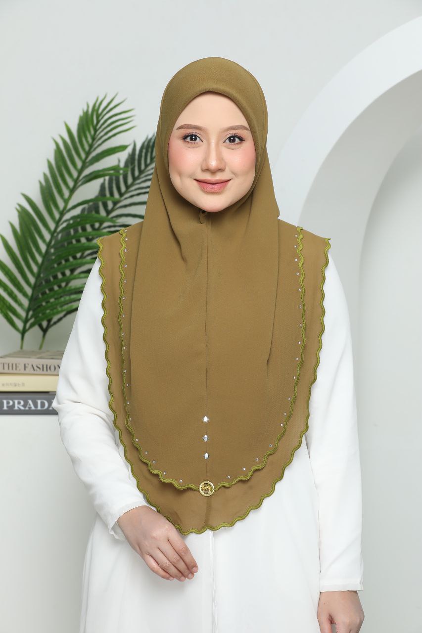 Instant Two-Layer Lace Chiffon Hijab with Stones (one size for adult) Olive