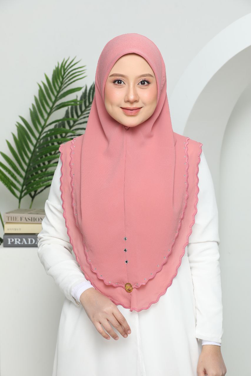 Instant Two-Layer Lace Chiffon Hijab with Stones (one size for adult) Pink Belacan