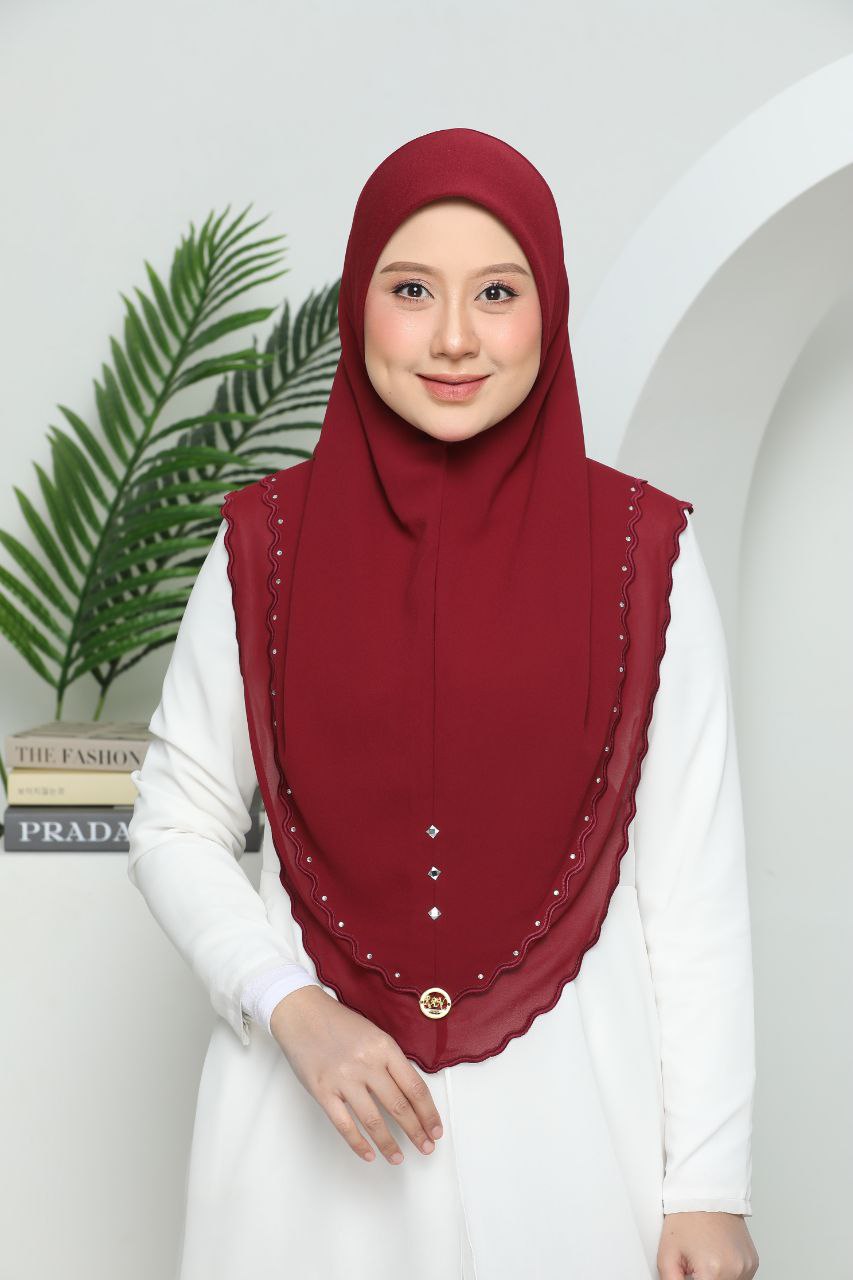 Instant Two-Layer Lace Chiffon Hijab with Stones (one size for adult) Red