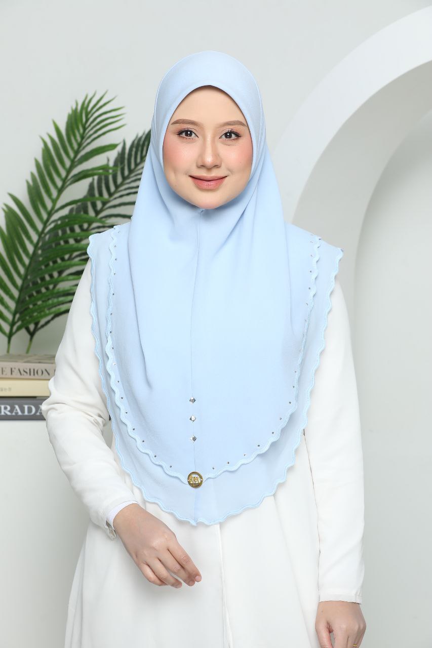 Instant Two-Layer Lace Chiffon Hijab with Stones (one size for adult) Light Blue