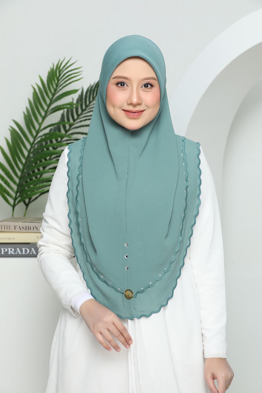 Instant Two-Layer Lace Chiffon Hijab with Stones (one size for adult) Light Green