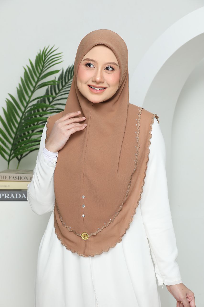 Instant Two-Layer Lace Chiffon Hijab with Stones (one size for adult) Dark brown