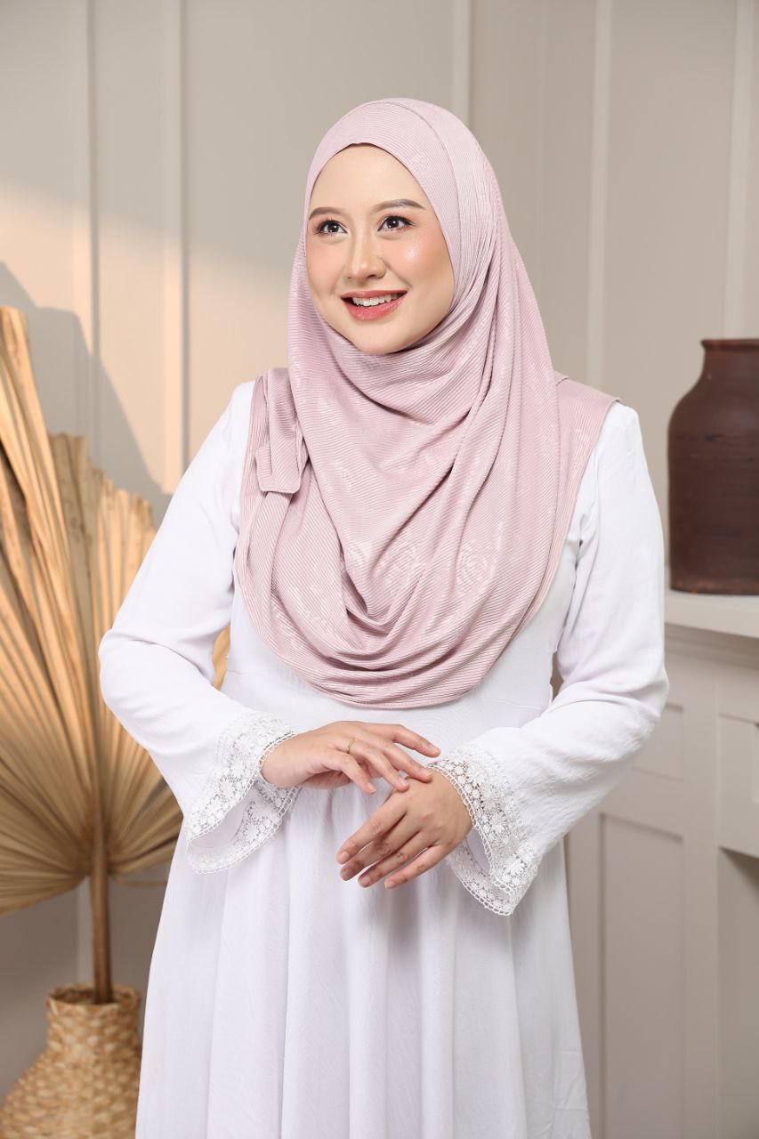 Instant Hijab - 2 Face hole Shawl in Cotton Ribbed   with floral embossed for Versatile Styling Options