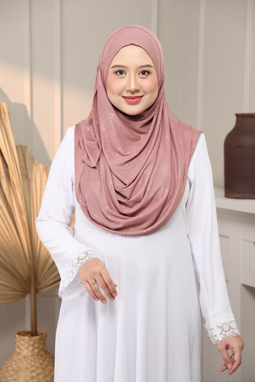 Instant Hijab - 2 Face hole Shawl in Cotton Ribbed   with floral embossed for Versatile Styling Options