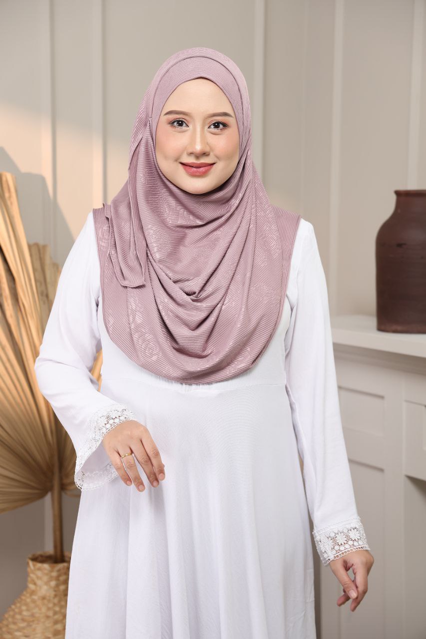 Instant Hijab - 2 Face hole Shawl in Cotton Ribbed   with floral embossed for Versatile Styling Options