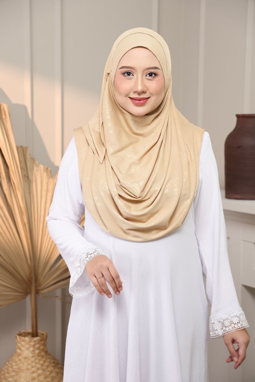 Instant Hijab - 2 Face hole Shawl in Cotton Ribbed   with floral embossed for Versatile Styling Options