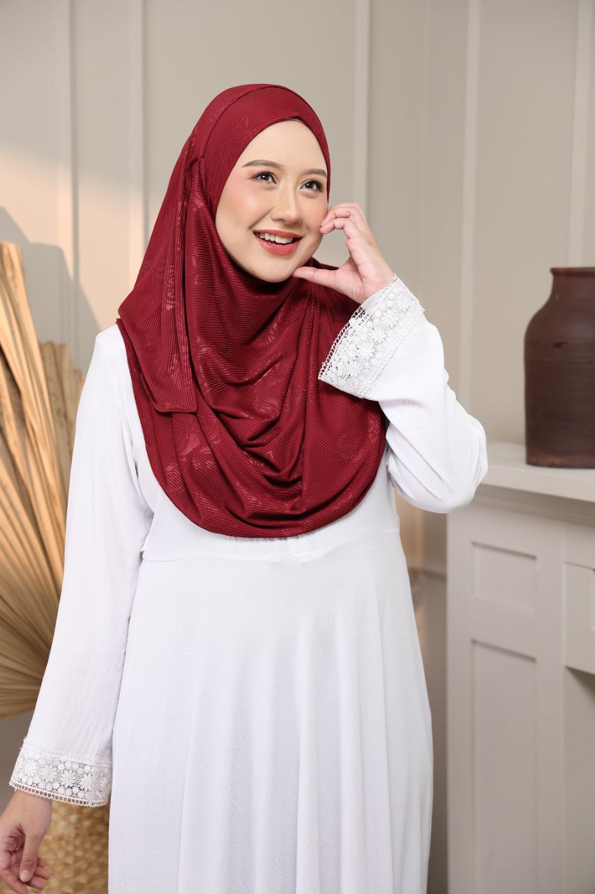 Instant Hijab - 2 Face hole Shawl in Cotton Ribbed   with floral embossed for Versatile Styling Options