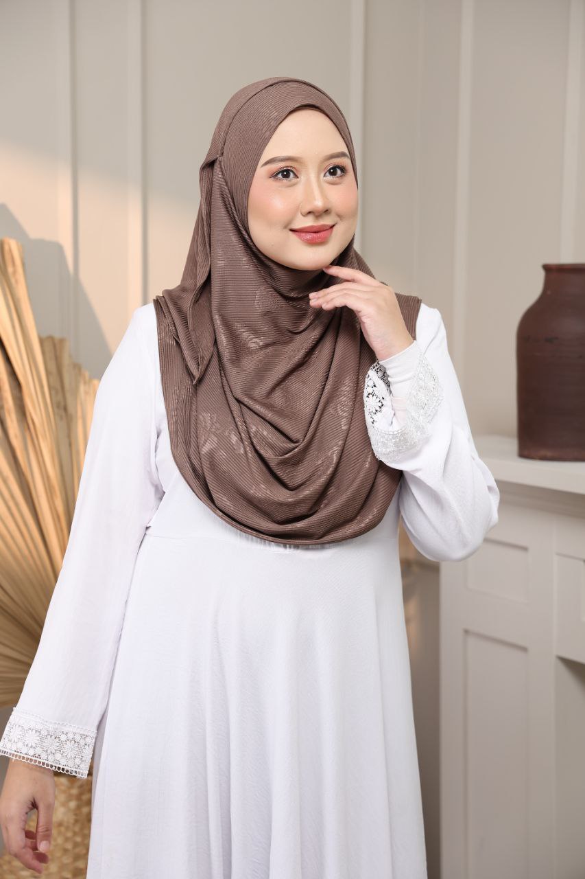 Instant Hijab - 2 Face hole Shawl in Cotton Ribbed   with floral embossed for Versatile Styling Options