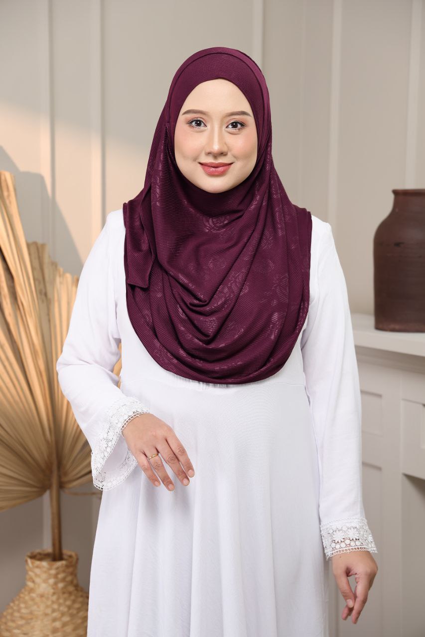 Instant Hijab - 2 Face hole Shawl in Cotton Ribbed   with floral embossed for Versatile Styling Options