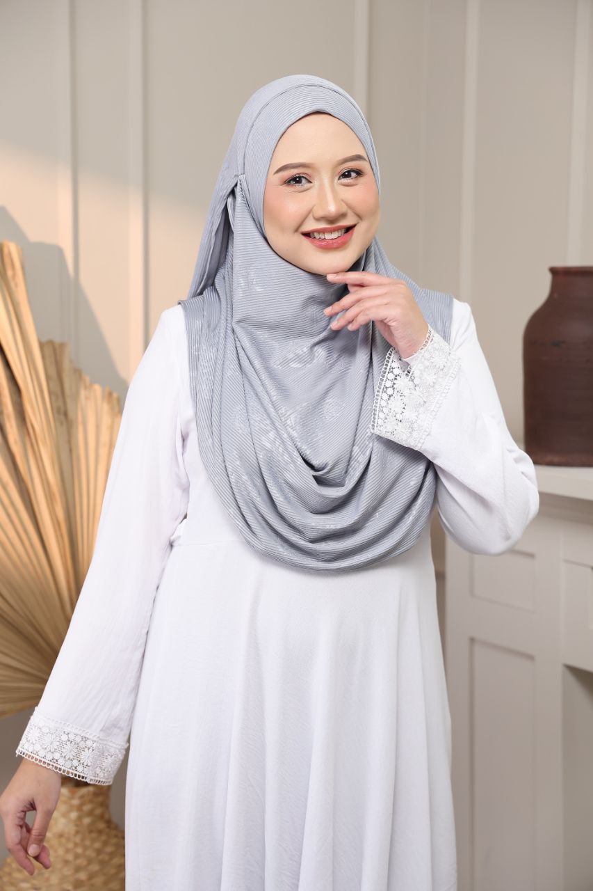 Instant Hijab - 2 Face hole Shawl in Cotton Ribbed   with floral embossed for Versatile Styling Options
