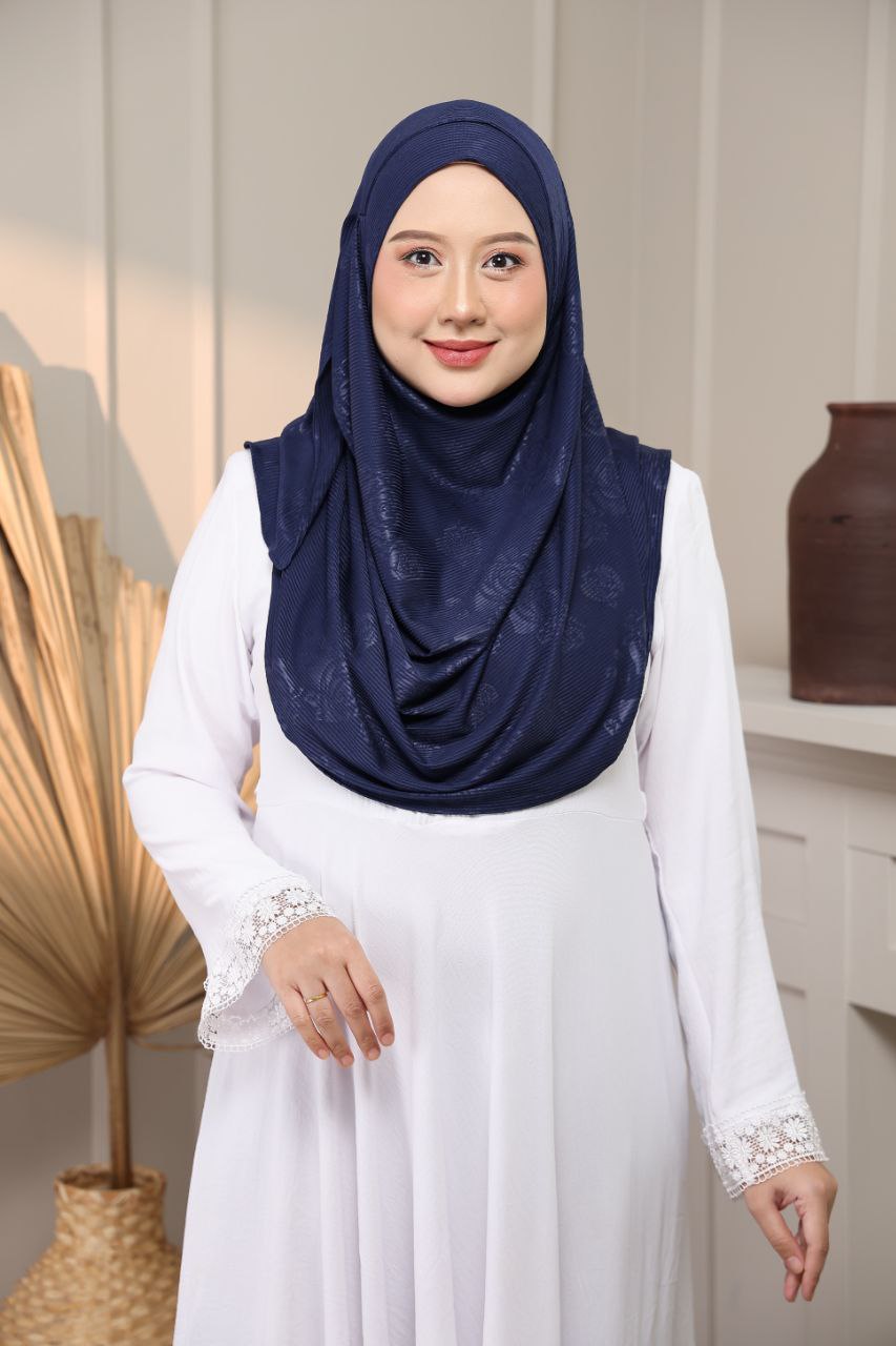 Instant Hijab - 2 Face hole Shawl in Cotton Ribbed   with floral embossed for Versatile Styling Options