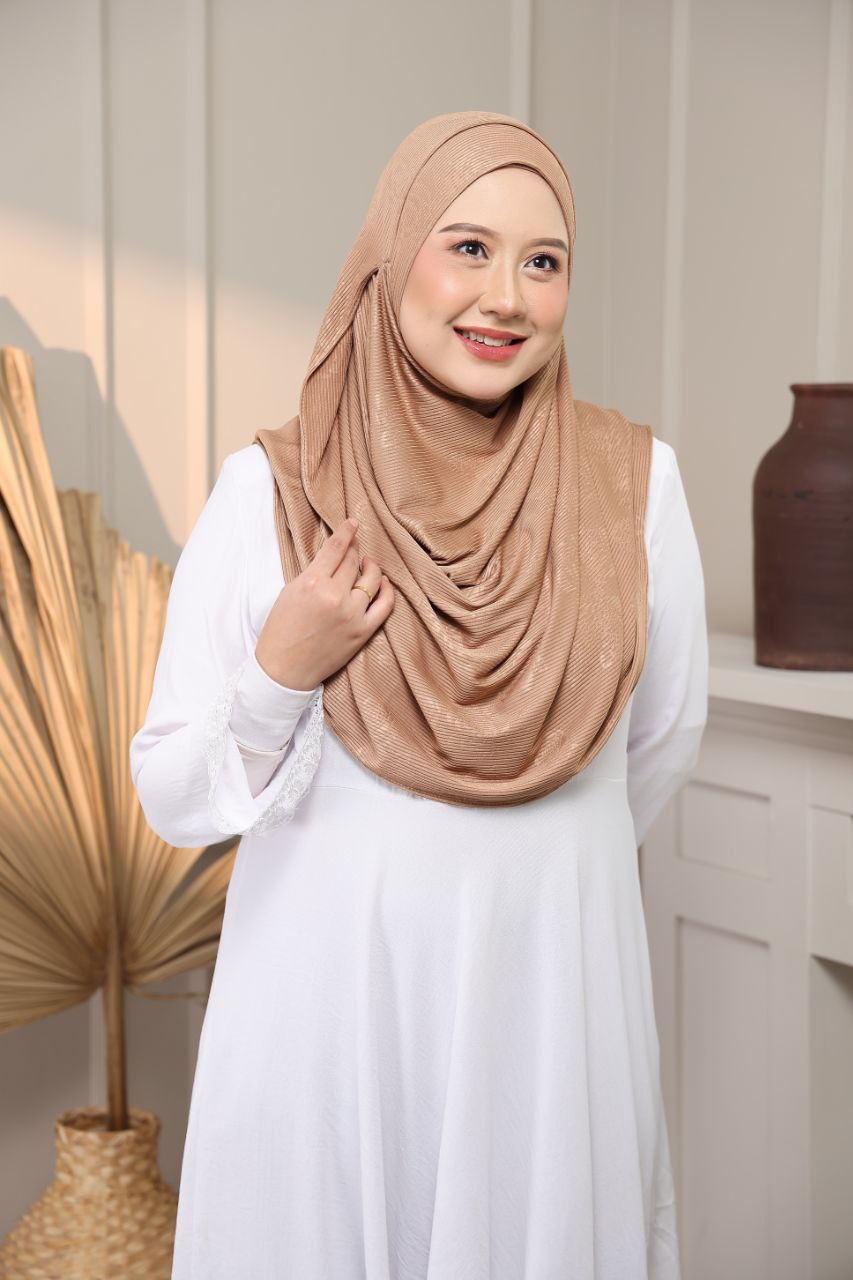 Instant Hijab - 2 Face hole Shawl in Cotton Ribbed   with floral embossed for Versatile Styling Options