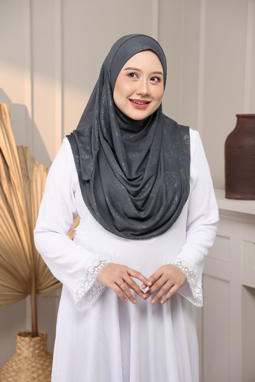 Instant Hijab - 2 Face hole Shawl in Cotton Ribbed   with floral embossed for Versatile Styling Options