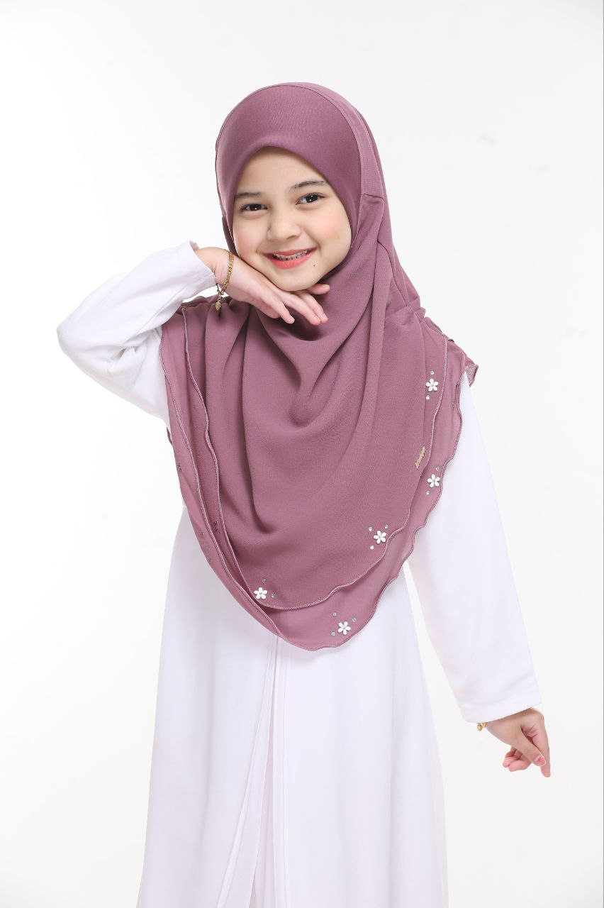 Instant Kids Hijab One Piece Chiffon Hijab with Flower Design with stones