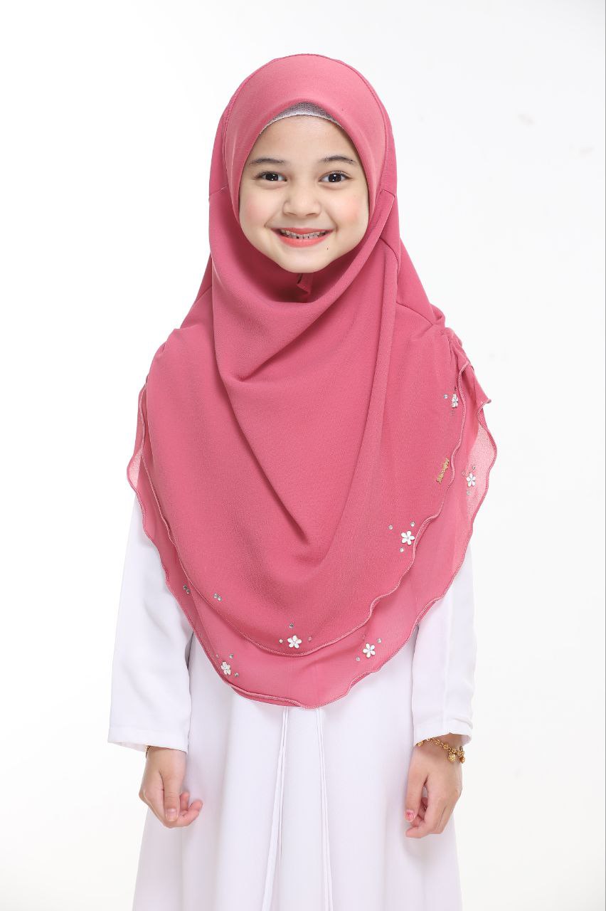 Instant Kids Hijab One Piece Chiffon Hijab with Flower Design with stones