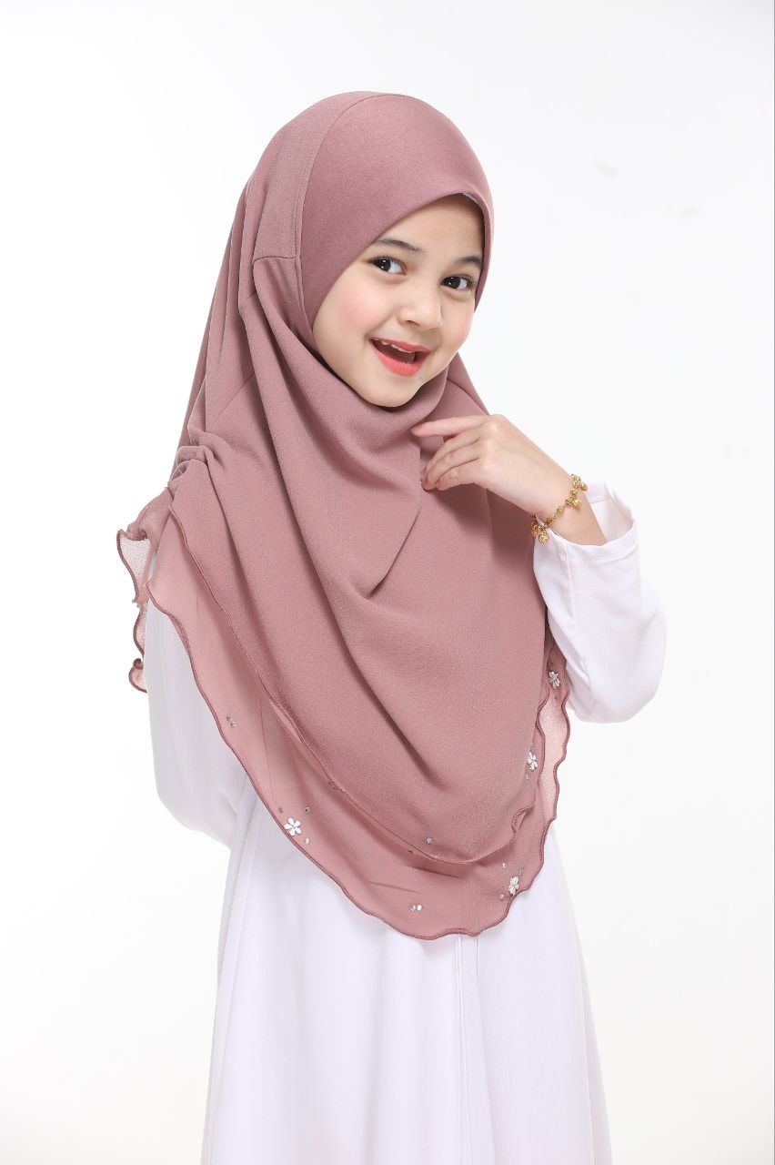 Instant Kids Hijab One Piece Chiffon Hijab with Flower Design with stones