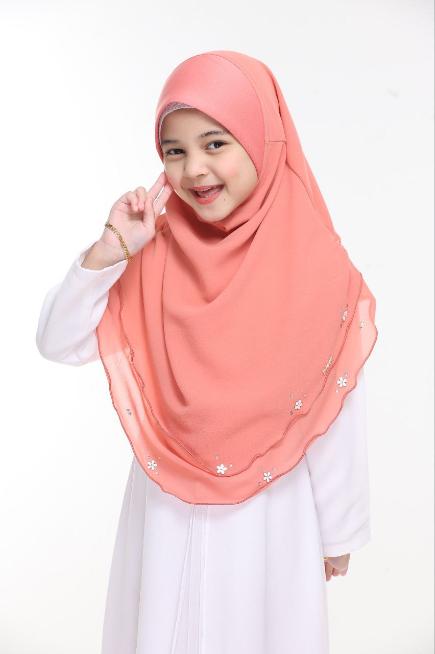 Instant Kids Hijab One Piece Chiffon Hijab with Flower Design with stones