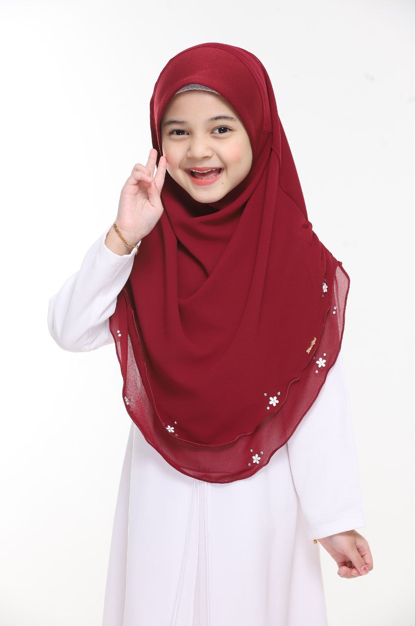 Instant Kids Hijab One Piece Chiffon Hijab with Flower Design with stones