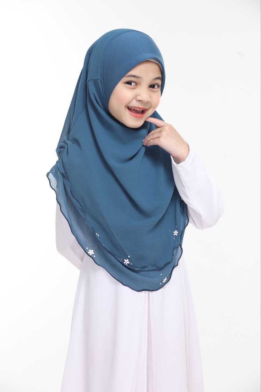 Instant Kids Hijab One Piece Chiffon Hijab with Flower Design with stones