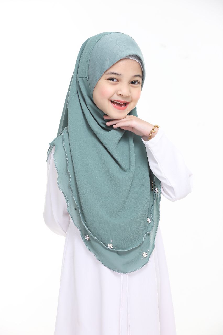 Instant Kids Hijab One Piece Chiffon Hijab with Flower Design with stones